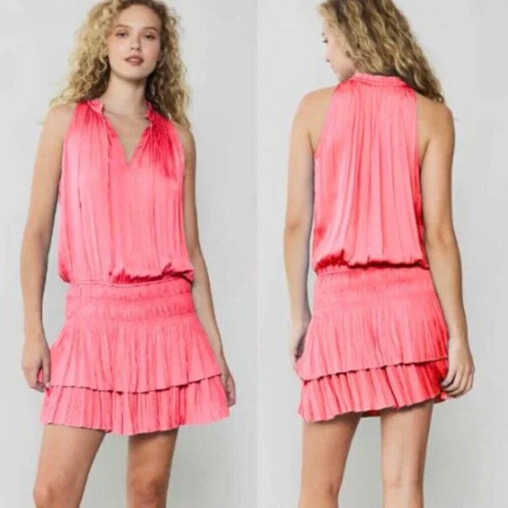 Current Air Hot Pink Print Satin Ruched Cara Pleated Mini Dress